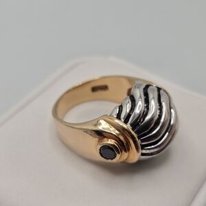 Dome Ring 18K GP Silver & Gold Tone Cabochon Size 8 Vintage Estate Statement